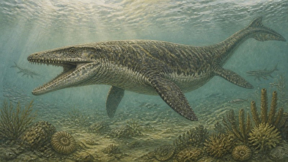 Illustration of a mosasaur in a Late Cretaceous sea