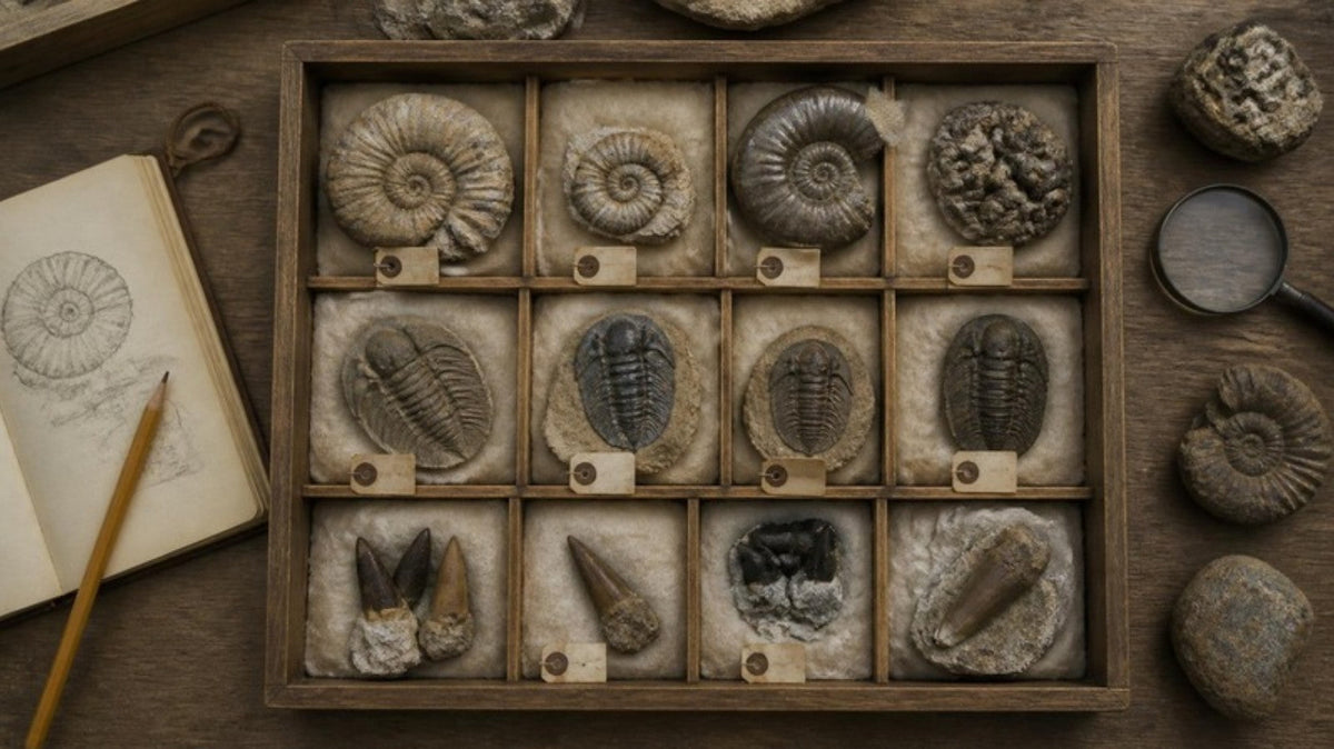Small fossil collection in a labelled specimen tray
